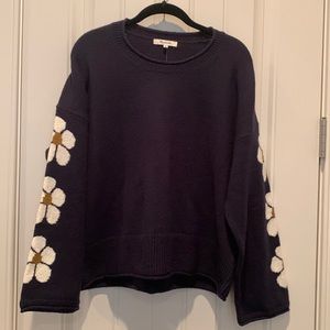 NWT Madewell Navy Blue Sweater with 3 flowers on the sleeves.  Size M